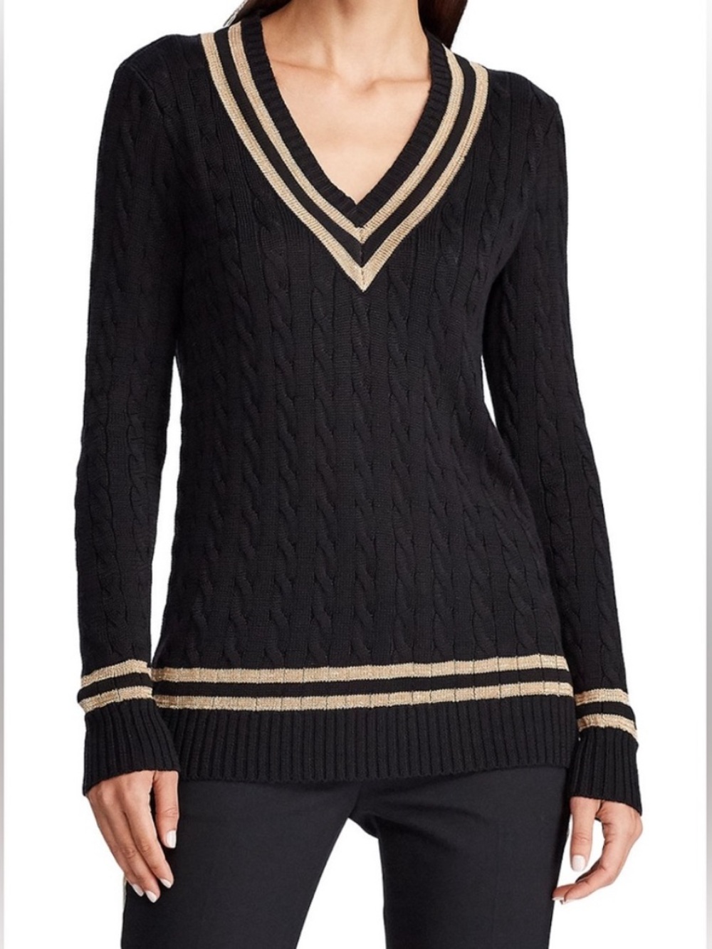Lauren Ralph Lauren Black and Gold Metallic Varsity V-Neck Sweater - Size XXL
